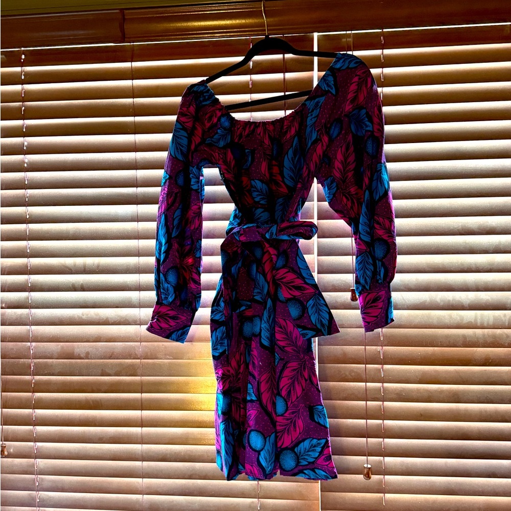 African print off the shoulder dress.